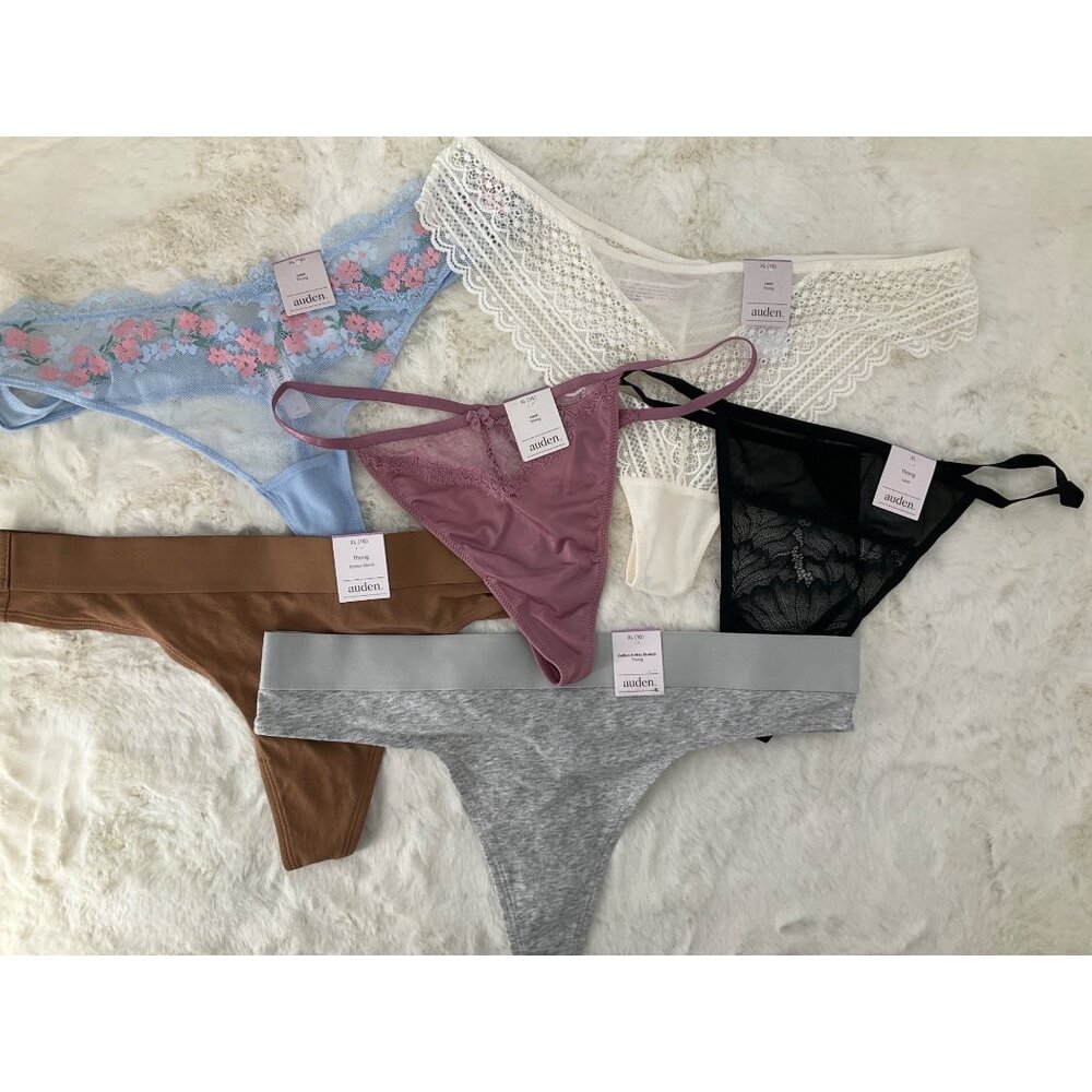 Auden size XL (16) 6 pairs THONG Panty Women's NEW Cotton & Lace LOT